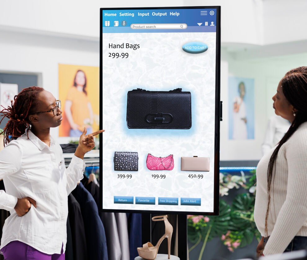 Store assistant showing items to woman
